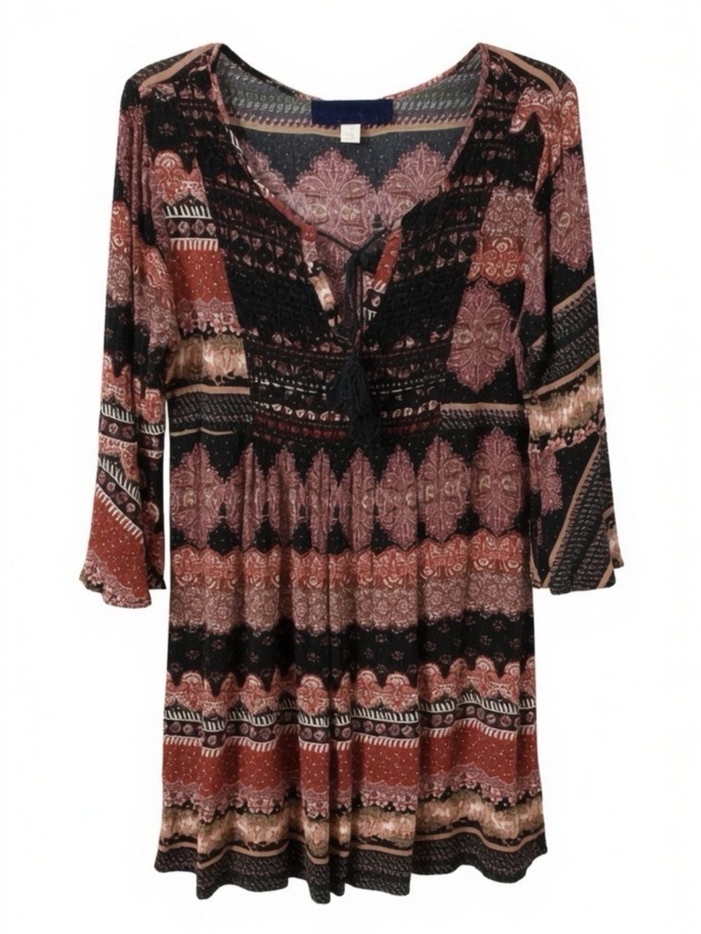 Unbranded rn # 143944 Rayon Boho Mini Dress Lace Bodice Bell Sleeve Tie Tassels